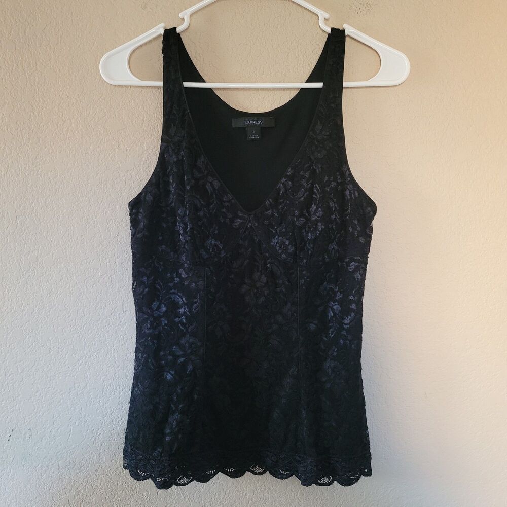 Womens Y2k Babydoll Cami V Neck Tank Top Size Small Black Lace Going Out Express